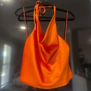 Satin Halter Cowl Neck Tank - Bright Orange